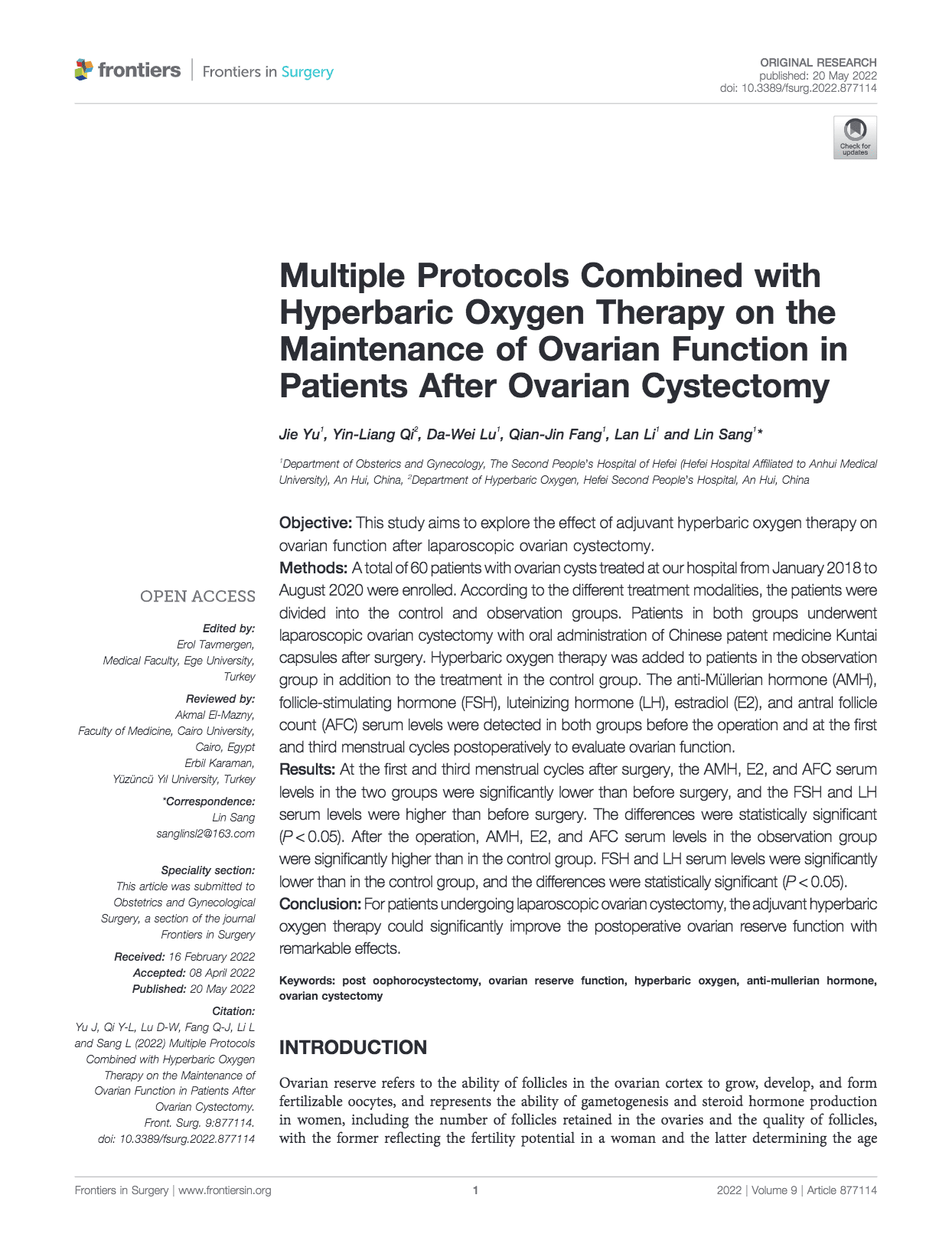 hyperbaric oxygen therapy ovarian function, after ovarian cystectomy, cancer, radiation damage