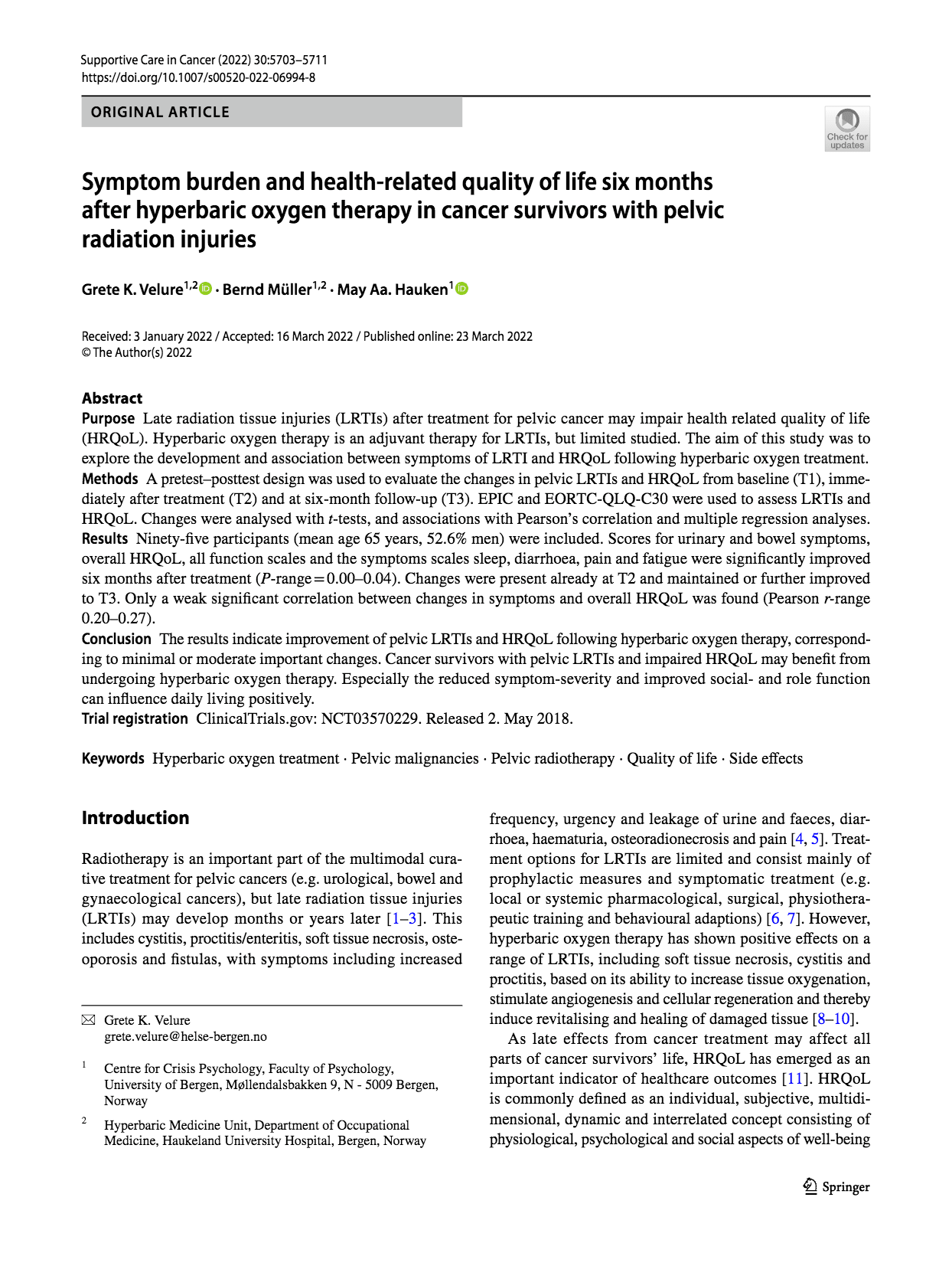 symptom burden ad health related quality of life six months after hyperbaric oxygen therapy, cancer survicor, pelvic radiation injuries, cancer, radiation damage