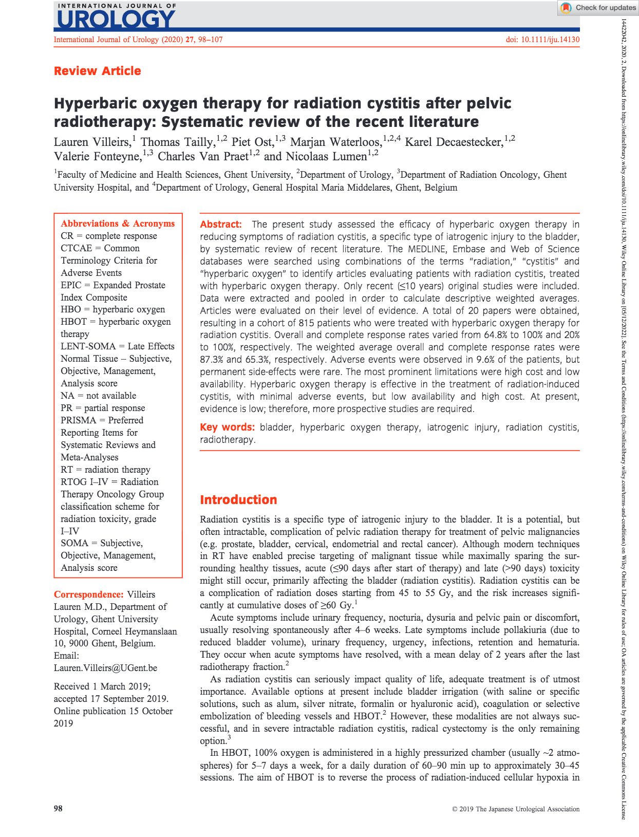 hyperbaric oxygen therapy for radiation cystitis pelvic radiotherapy, cancer, radiation damage