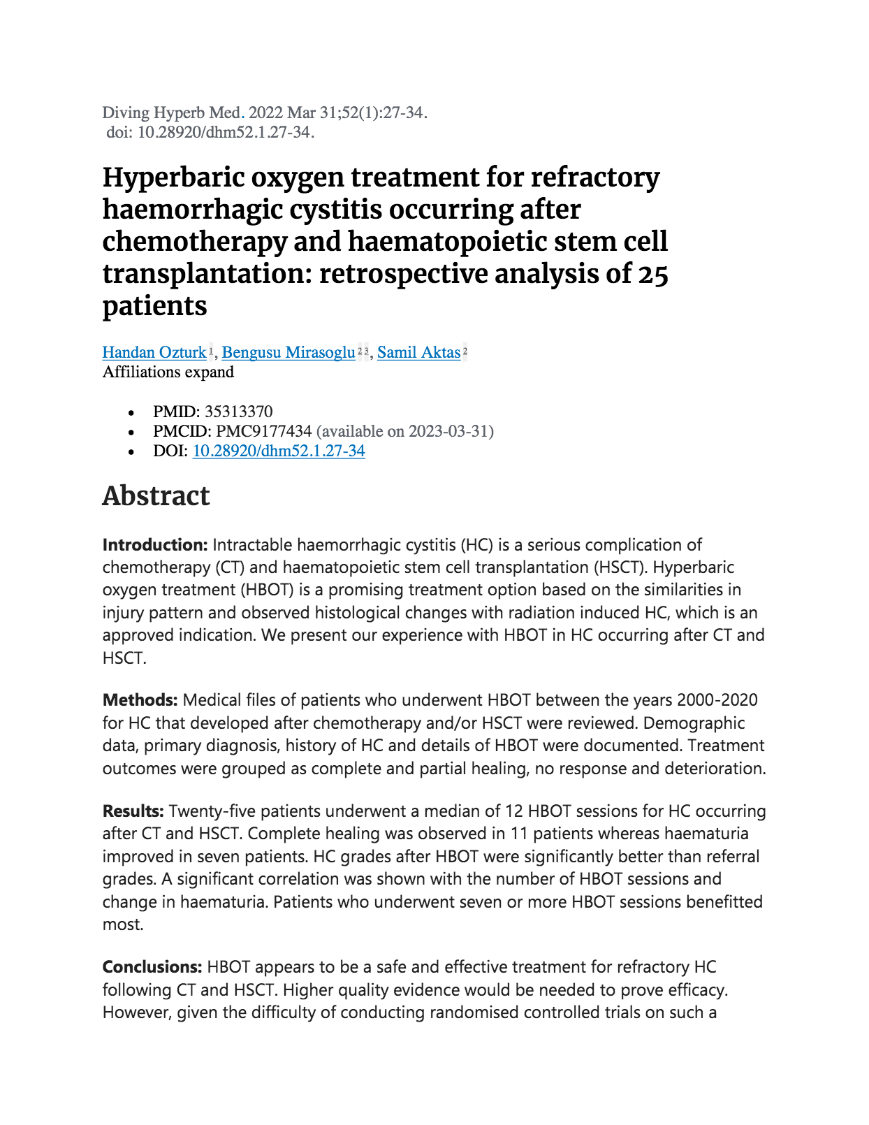 hyperbaric oxygen treatment for refractory haemorrhagic cystitis, occurring after chemotherapy, haematopoietic cell transplantation, cancer, radiation damage
